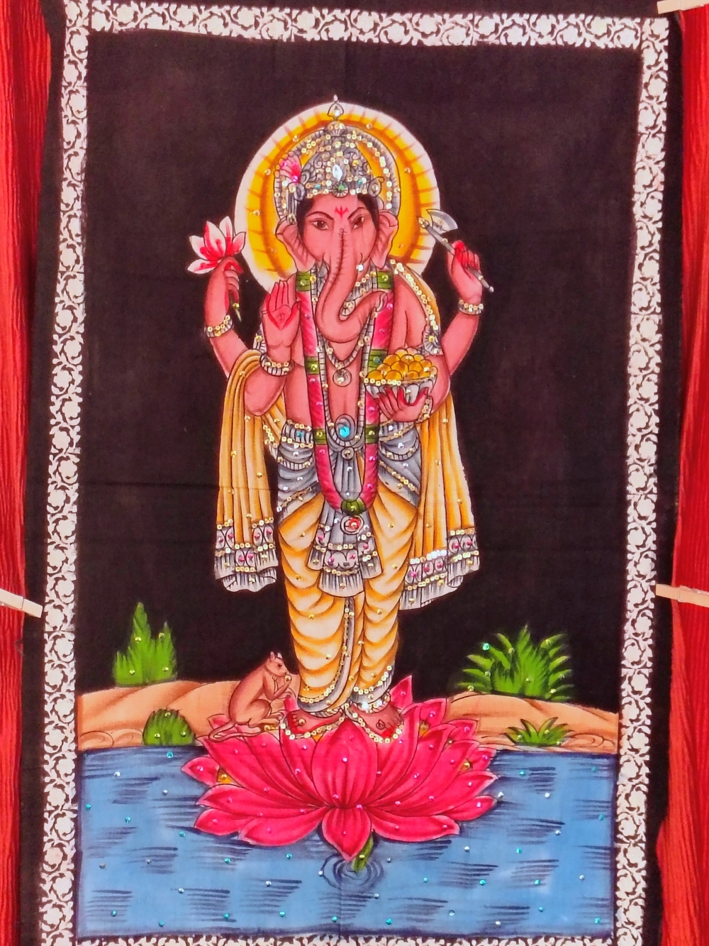 Ganesha On Lotus w Mushaka Fiber Art Sequins Rhinestones Hindu Mythology 35"x22"